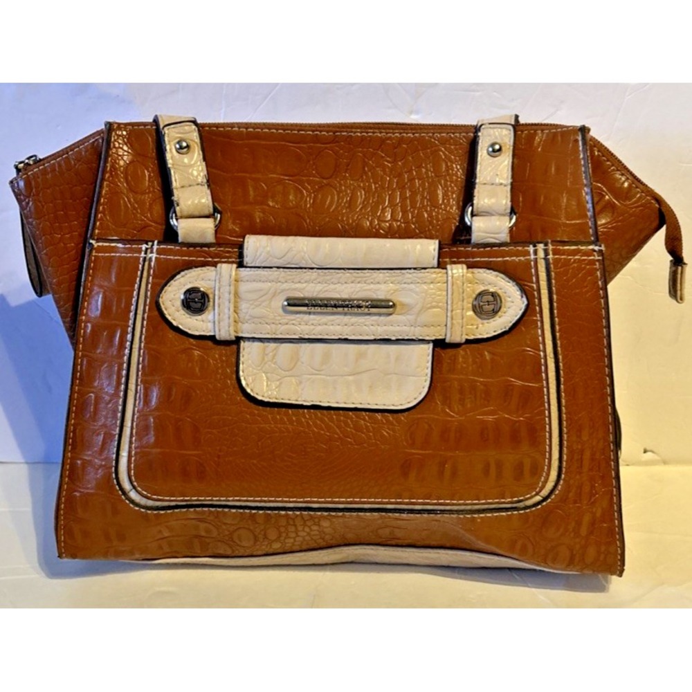 Ellen Tracy Purse Brown/Cream Embossed Faux Crocodile Faux Leather Double Handle